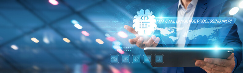 Businessman using tablet analyzing natural language processing (NLP), customer feedback, market...