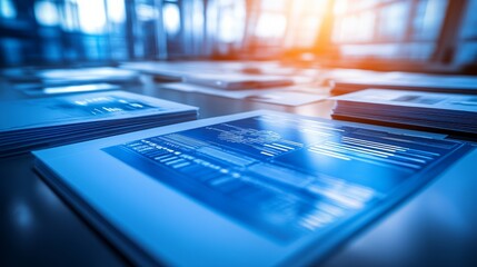 A close-up shot of a stack of papers with graphs and charts on a table in an office.