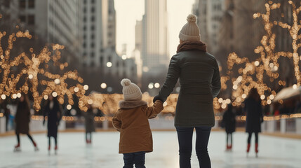 Parents Teaching Child to Skate at Festive City Rink
