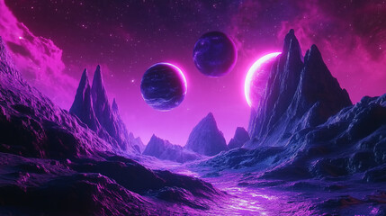 Fototapeta premium Surreal landscape with three planets above purple mountains during a cosmic twilight