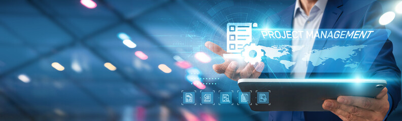 Project Management. Businessman using tablet analyzing project timelines and resource allocation, budget forecasting, stakeholder engagement strategies, risk management plans, team performance metrics