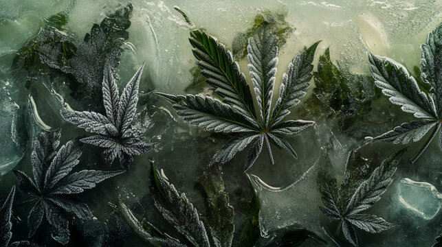 Frozen cannabis leaves arranged artistically in a cold environment for an aesthetic perspective