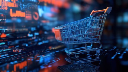 A digital shopping cart on a futuristic background, symbolizing e-commerce and online shopping.