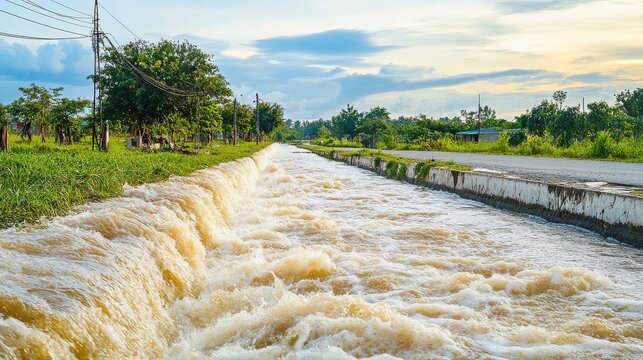 Water surges onto the road as natures fury reveals the aftermath of a levee failure