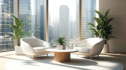 Obraz premium Modern lounge area with two chairs, a table, and plants, overlooking a city skyline.