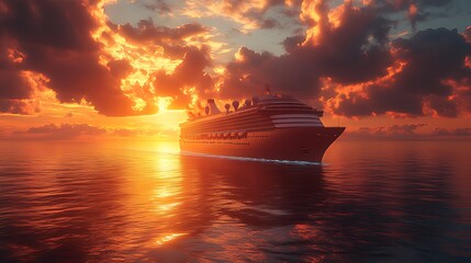 Naklejka premium A large cruise ship sails through the ocean at sunset, with a fiery sky in the background.