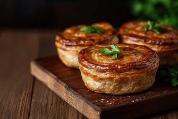 Small meat pies made from flaky pastry on a wooden surface