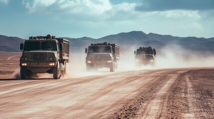 Three military trucks driving on a dusty road in a mountainous landscape.