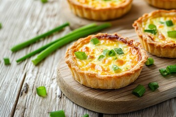 Small quiche with scallions and cheese on a pale wood surface