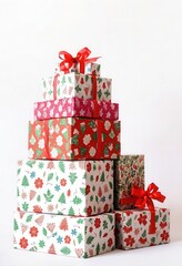 A tall stack of wrapped Christmas presents.