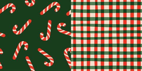 Christmas backgrounds. Simple bold cartoon festive design. Candy cane isolated on green and checked seamless patterns. 