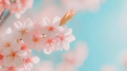   A zoomed-in image of a cherry tree's branch adorned with pink blossoms against a blue backdrop