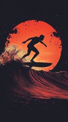 Naklejka premium A silhouette of a surfer riding a wave against a striking red sunset.