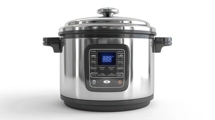 Fototapeta premium Stainless steel pressure cooker with digital control panel isolated on white background