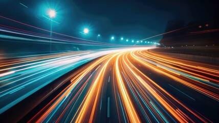 Obraz premium Dynamic night cityscape with vibrant light trails and motion blur