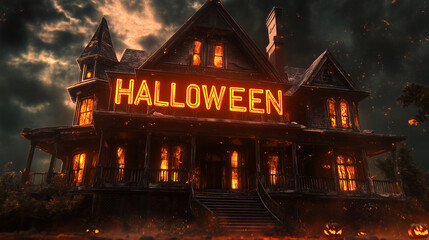 retro banner illustrated with copy space, spooky old house with ghosts, text Halloween