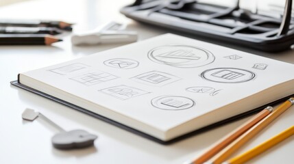 A sketchbook with pencil drawings of logo designs.