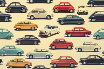 A collection of colorful vintage toy cars arranged in rows on a light background