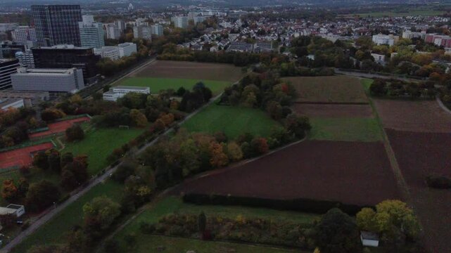 Aerial view of the fields on the outskirt of Eschborn, Hesse, Germany.