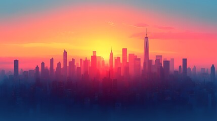 Fototapeta premium A vibrant sunrise over a city skyline with tall buildings.