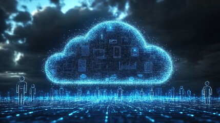3D digital cloud with links of icons and figures 