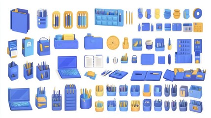 Blue and yellow stationery supplies isolated on white background.