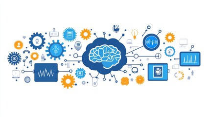 Fototapeta premium Brain in cloud with gears and icons connected by lines.