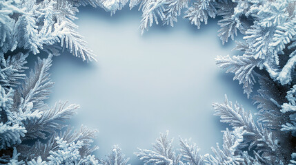 A frame of snow covered branches with a white background