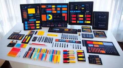 A white table with a variety of colorful supplies, including pens, markers, and electronics, and a colorful graphic user interface on the screen.