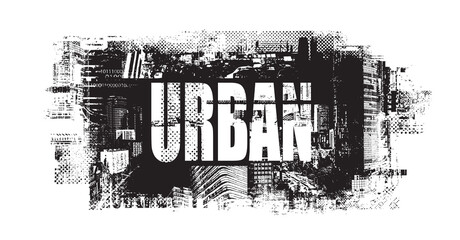 vector phrase urban, street art in grunge style on background of spots and geometric shapes from elements of big city architecture. suitable for logo, t-shirt design