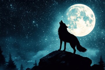 Silhouette of a wolf standing on a rock, howling against a backdrop of a bright full moon and starry night sky. Captures the essence of nature, wilderness, and mystery.