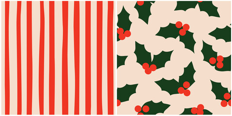 Christmas patterns collection. Seamless vector textures. Bold cute vintage style backgrounds with holly and abstract striped wallpaper.