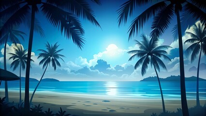 Obraz premium Beach view with silhouettes of coconut trees shades of blue 