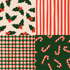 Christmas patterns collection. Seamless vector textures. Bold cute vintage style backgrounds with candy cane, holly and traditional abstract wallpapers.