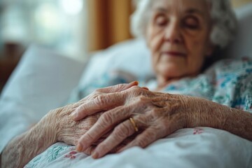 An elderly woman peacefully resting in bed with her hands folded, reflecting relaxation, aging, and serenity in a caregiving setting.