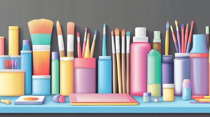 Obraz premium Colorful art supplies arranged on a shelf, including paintbrushes, paint tubes, and other materials for creative expression.