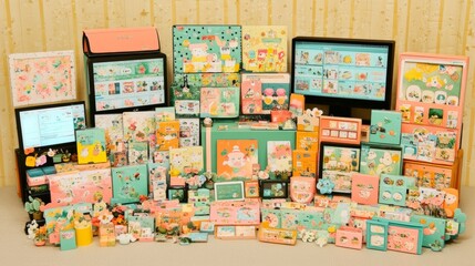 Colorful collage of small boxes, art, and crafts in pink, yellow, green and blue hues with a floral wallpaper background.