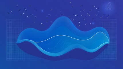 Abstract blue wave background with grid and white dots.