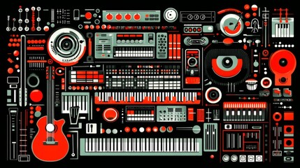 Obraz premium Colorful illustration of a music studio with a guitar, keyboard, synthesizer, mixer, speakers, and other equipment.