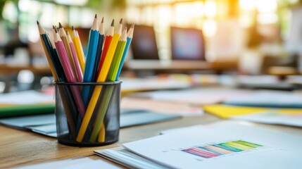 Colorful pencils in a holder on a desk with paperwork.