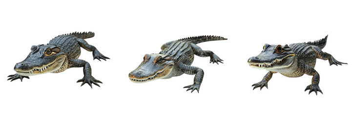 Fototapeta premium Set of A detailed shot of a crocodile’s massive head and long claws resting on transparent background. Ai generated