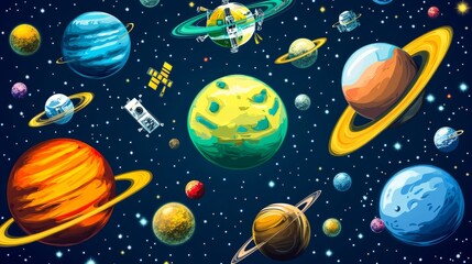 Colorful planets and stars with a spaceship in the middle of the galaxy.
