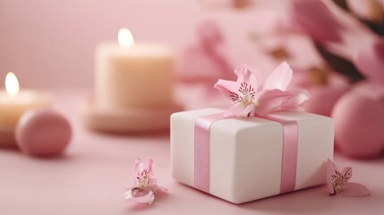 A delicate gift box adorned with pink flowers, surrounded by candles and pastel decor.
