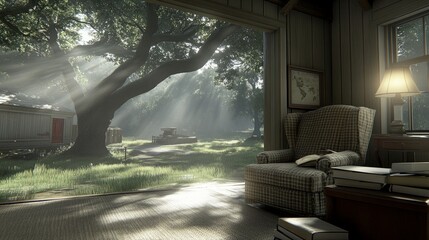 Cozy cabin with a view of a lush green forest, armchair and a lamp near a window.