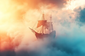 Obraz premium A Mesmerizing Galleon Emerged from the Mist, Bathed in Golden and Azure Hues, Capturing the Imagination of Dreamers Everywhere.