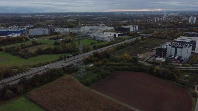 Aerial view of the outskirt of southern Eschborn, near the highway 66, Hesse, Germany.