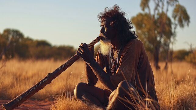 Man with braided hair playing didgeridoo by a river at sunset.