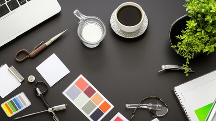 Flat lay of office workspace with laptop, coffee, notepad, pen, color swatches, and glasses on a dark desk.