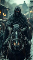 Fototapeta premium Mysterious Figure on Horse in Foggy Marketplace Scene