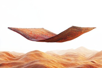 A Majestic Flying Carpet Gliding Over Golden Sands, Inviting Dreams of Adventure in a Whimsical Desert Realm under a Bright Sky